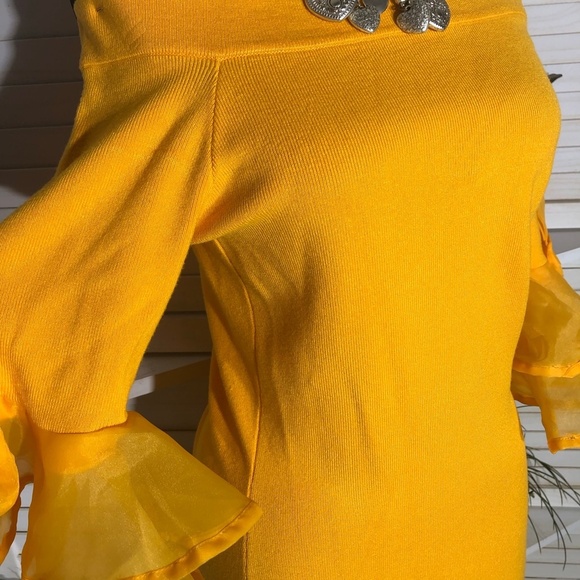 CQbyCQ Yellow Knit Bodycon Midi Dress Bell Sleeve Off Shoulder Large - Picture 4 of 12